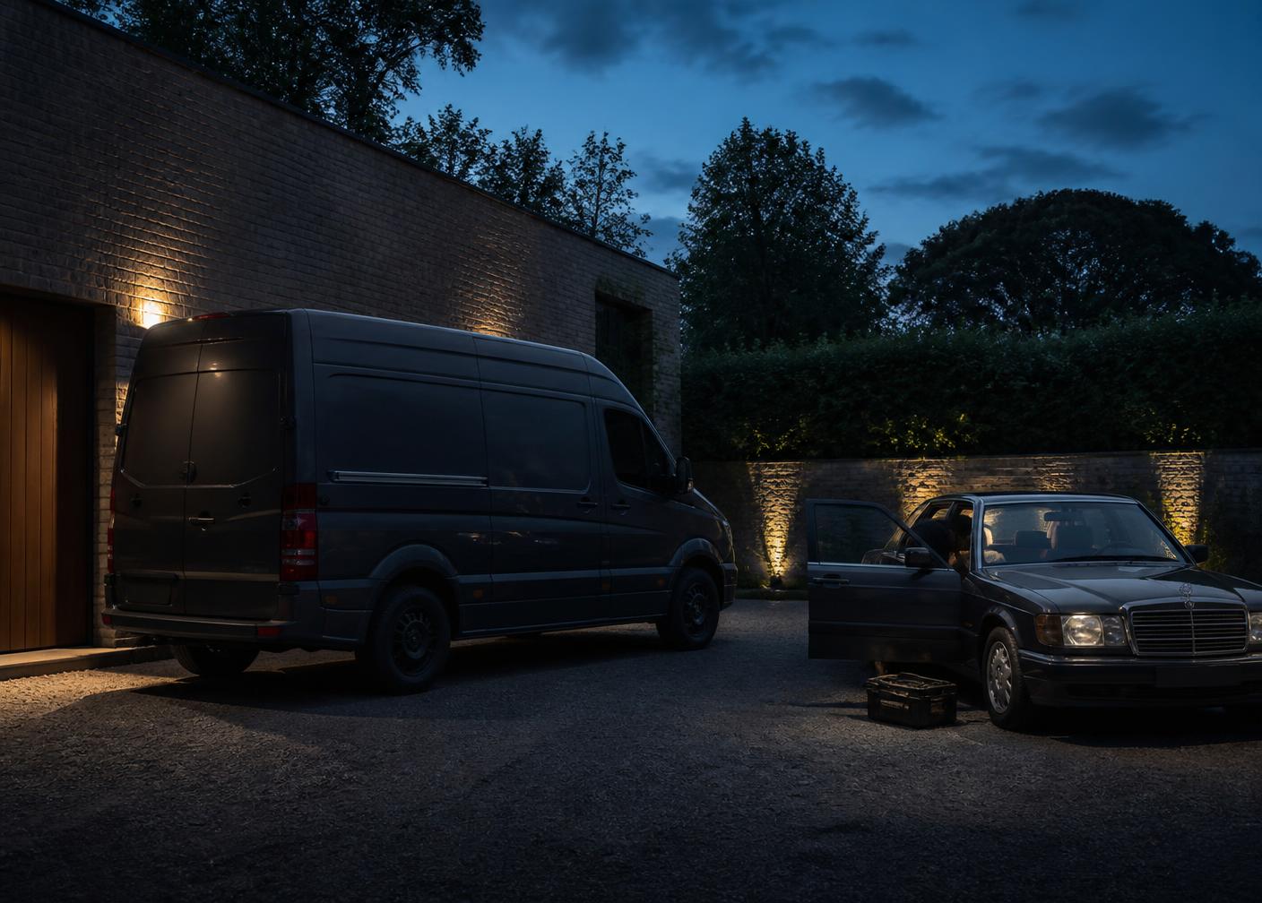 Servicewagen met gereedschap bij een geparkeerde klassieke auto voor installatie op locatie