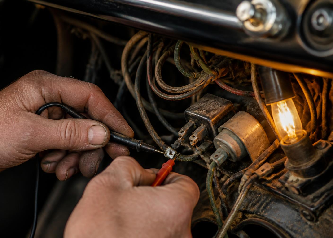Bekabeling en een aftermarket module in een klassieke auto tijdens onderzoek